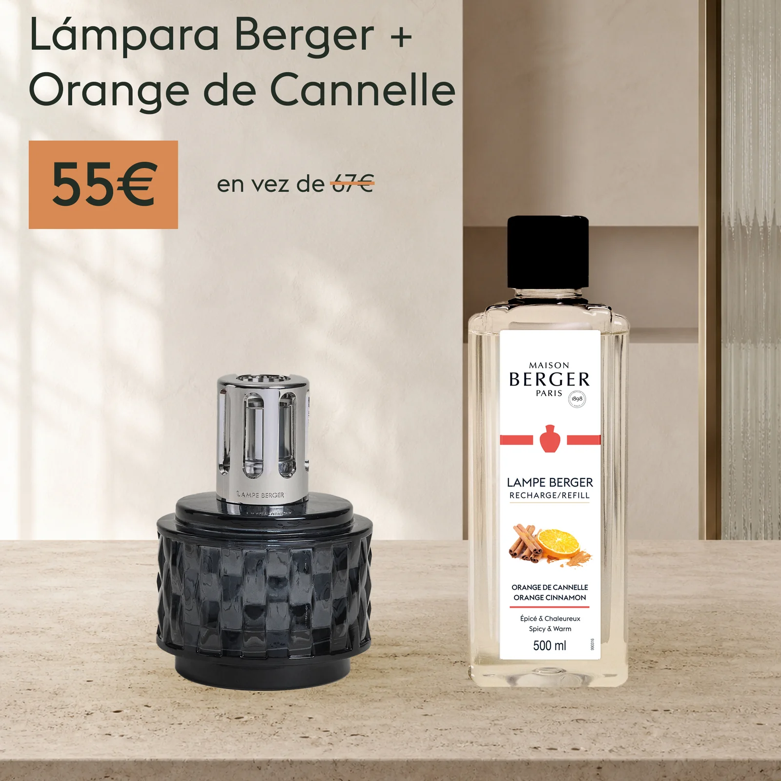 Lámpara Catalítica Variation Grise + Recarga Lámpara Berger Orange de Cannelle 500ml